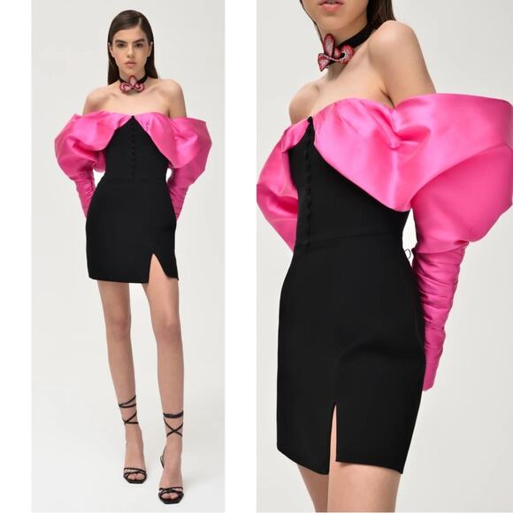NAFSIKA SKOURTI Opera Puff Sleeve Off the Shoulder Mini Dress Size 4